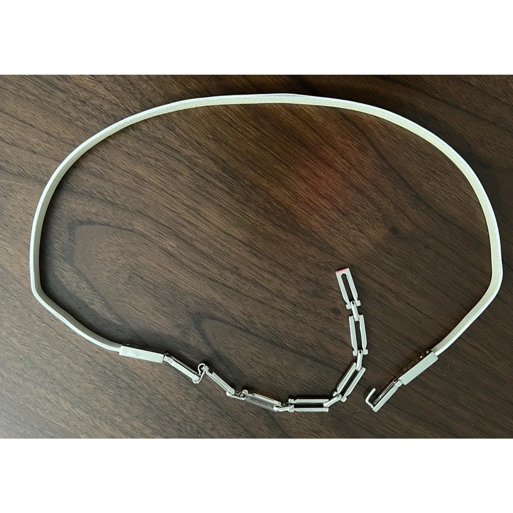 Ferragamo Luxury Leather Silver Chain Link Belt Ivory Pearlized Skinny S Italy
